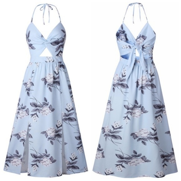 Blue Floral Maxi Long Twist Halter Dress Prom - Picture 6 of 8